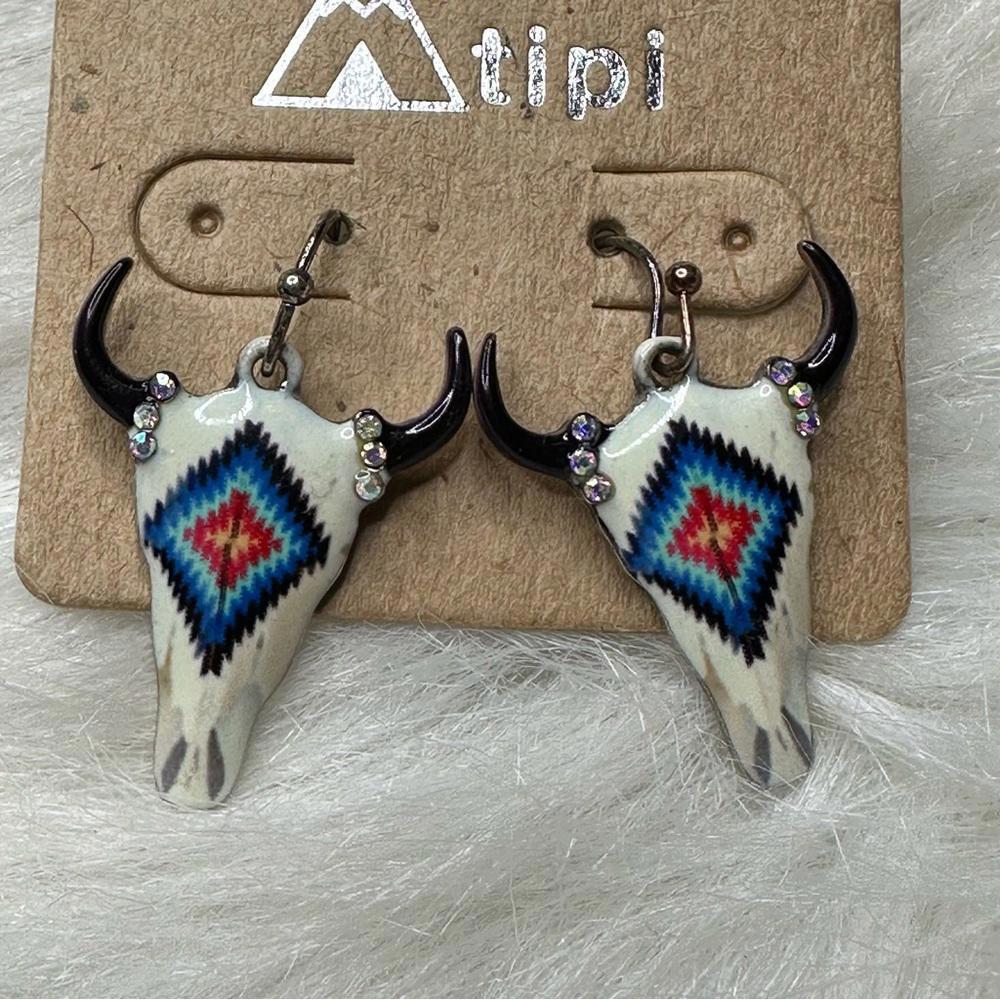 Tipi Boho Bull Skull Earrings with Colorful Accents - Picture 2 of 5